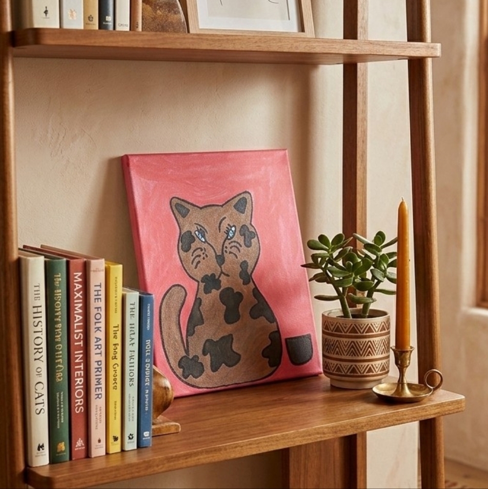 Whimsical Hand-Painted Cat Canvas – Folk Art Style 8x10"